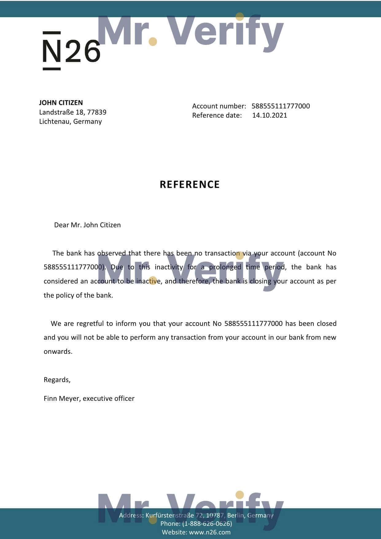 Germany N26 bank account closure reference letter template in Word and PDF format Germany N26 bank account closure reference letter template in Word and PDF format