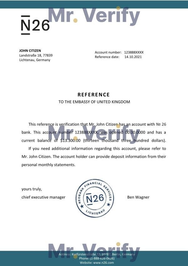 Germany N26 bank account reference letter template in Word and PDF format Germany N26 bank account reference letter template in Word and PDF format