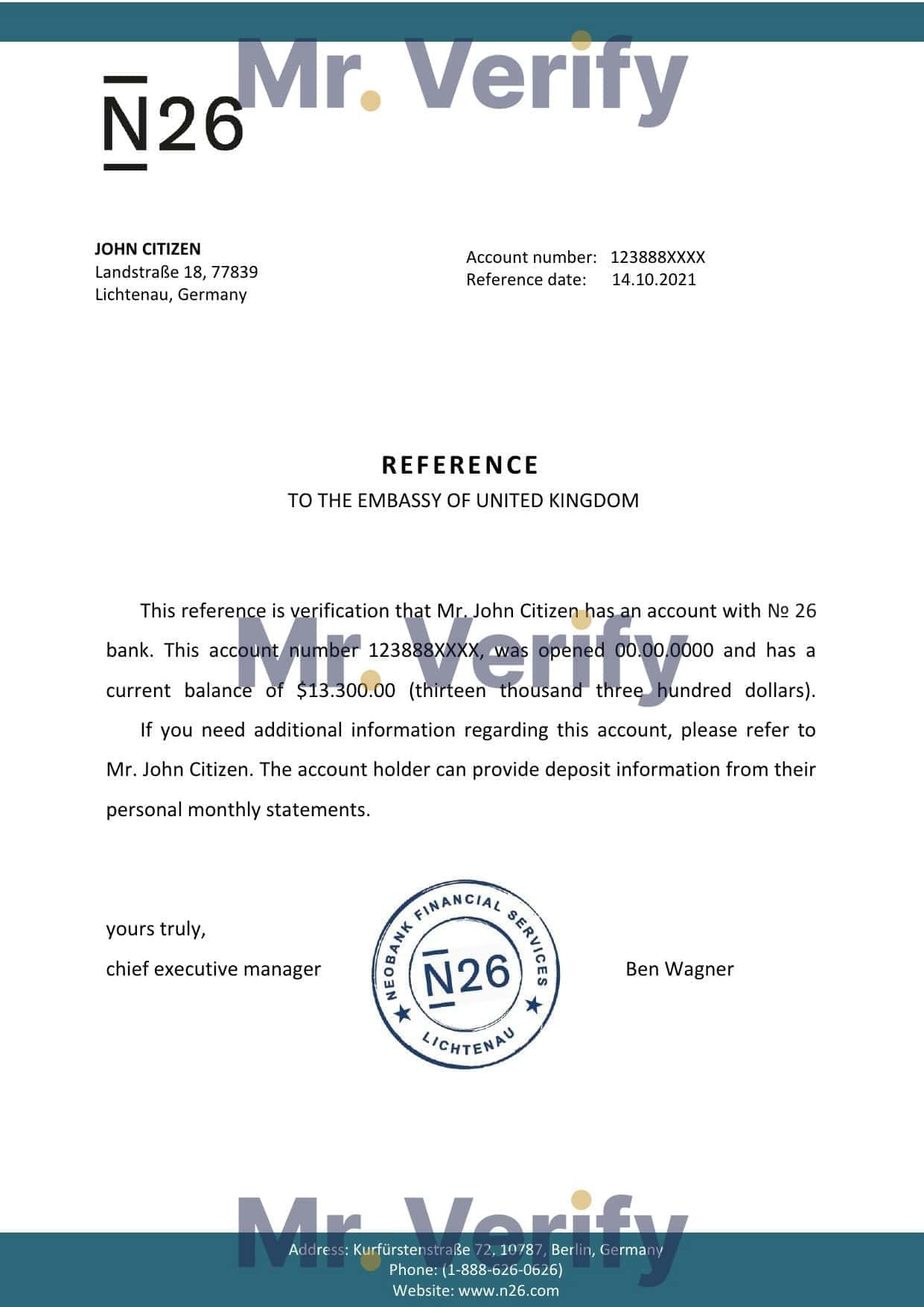 Germany N26 bank account reference letter template in Word and PDF format Germany N26 bank account reference letter template in Word and PDF format