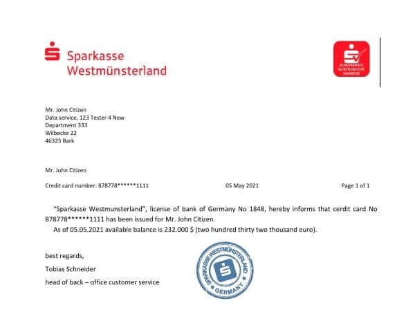 Germany Sparkasse bank account reference letter template in Word and PDF format Germany Sparkasse bank account reference letter template in Word and PDF format