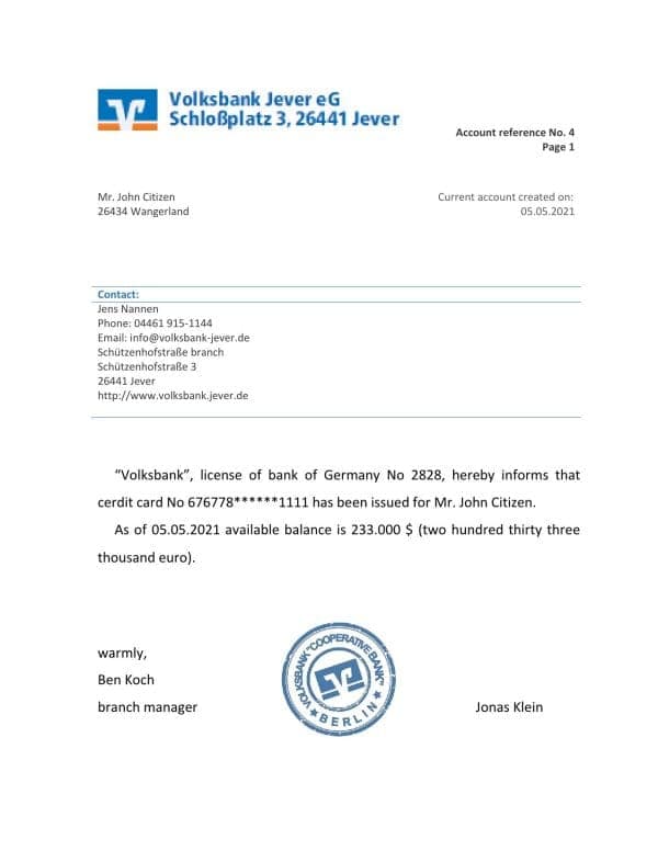 Germany Volksbank bank account reference letter template in Word and PDF format Germany Volksbank bank account reference letter template in Word and PDF format