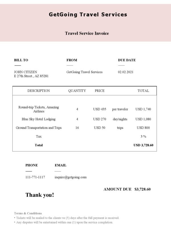 USA GetGoing Travel Services invoice template in Word and PDF format, fully editable