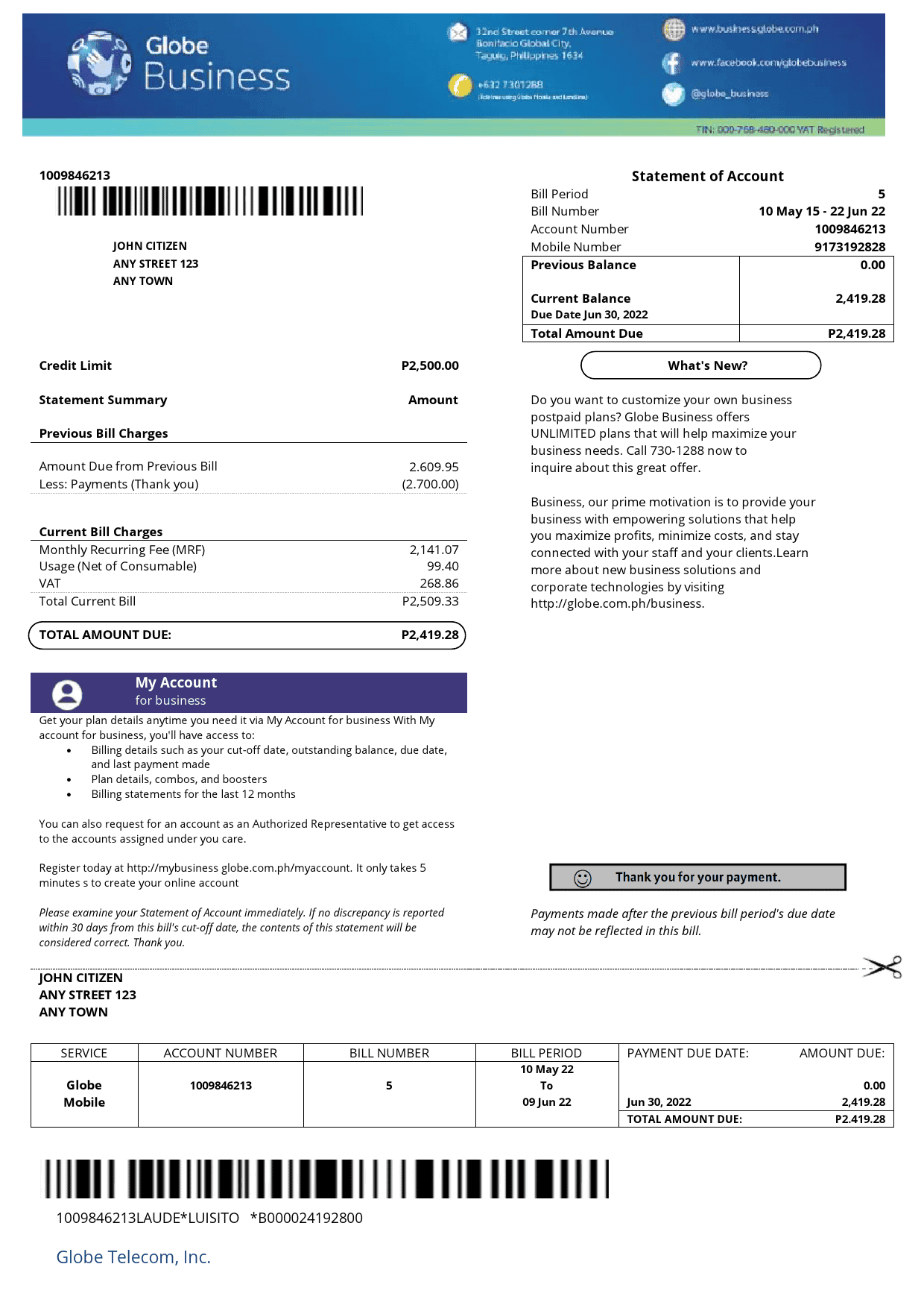 Globe.png Philippines Globe Business utility bill template in Word and PDF format