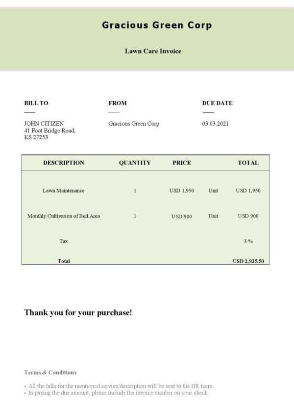 USA Gracious Green Corp invoice template in Word and PDF format, fully editable