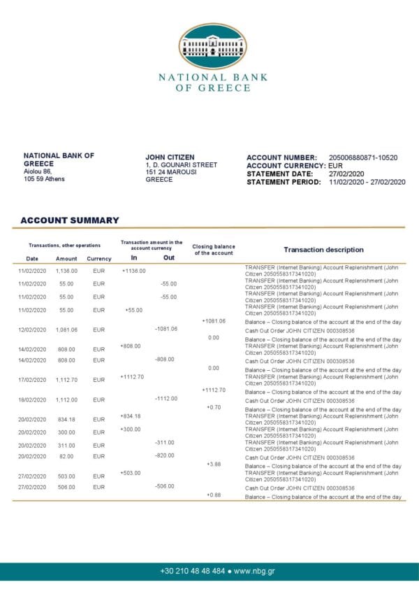 Greece National Bank of Greece proof of address bank statement template in Word and PDF format, .doc and .pdf format
