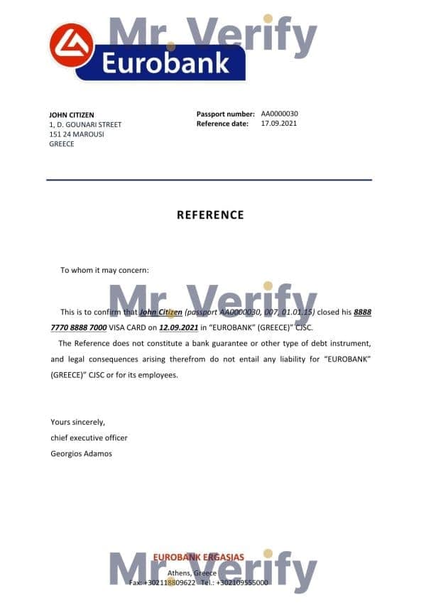 Greece Eurobank bank account closure reference letter template in Word and PDF format Greece Eurobank bank account closure reference letter template in Word and PDF format