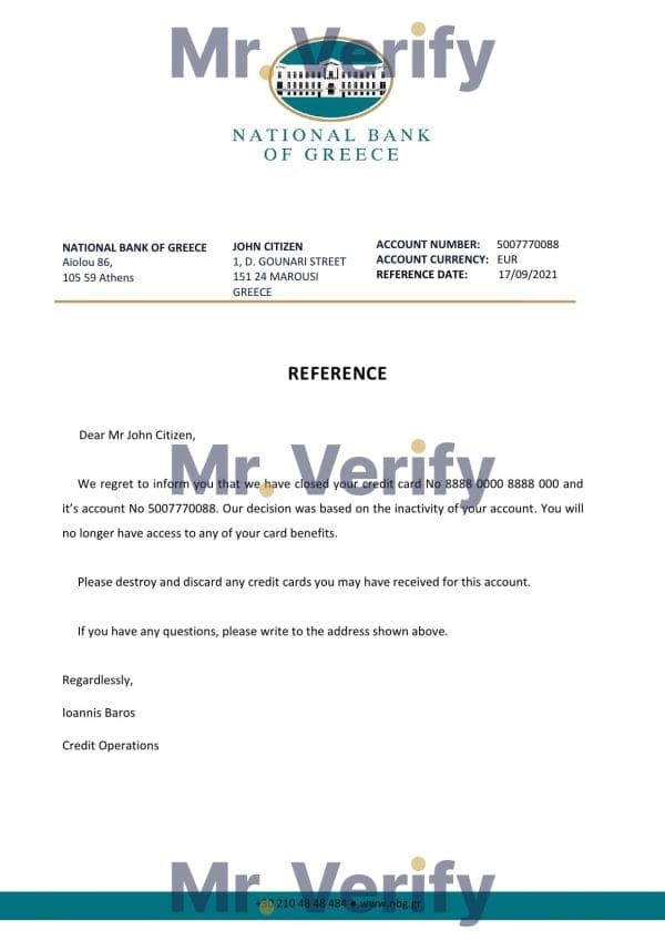 Greece National Bank of Greece bank account closure reference letter template in Word and PDF format
