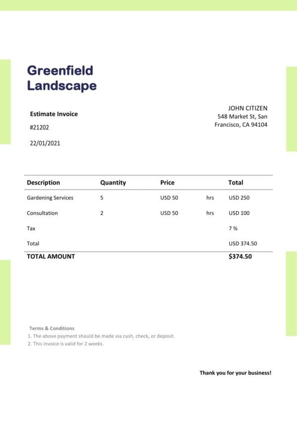 USA Greenfield Landscape invoice template in Word and PDF format, fully editable