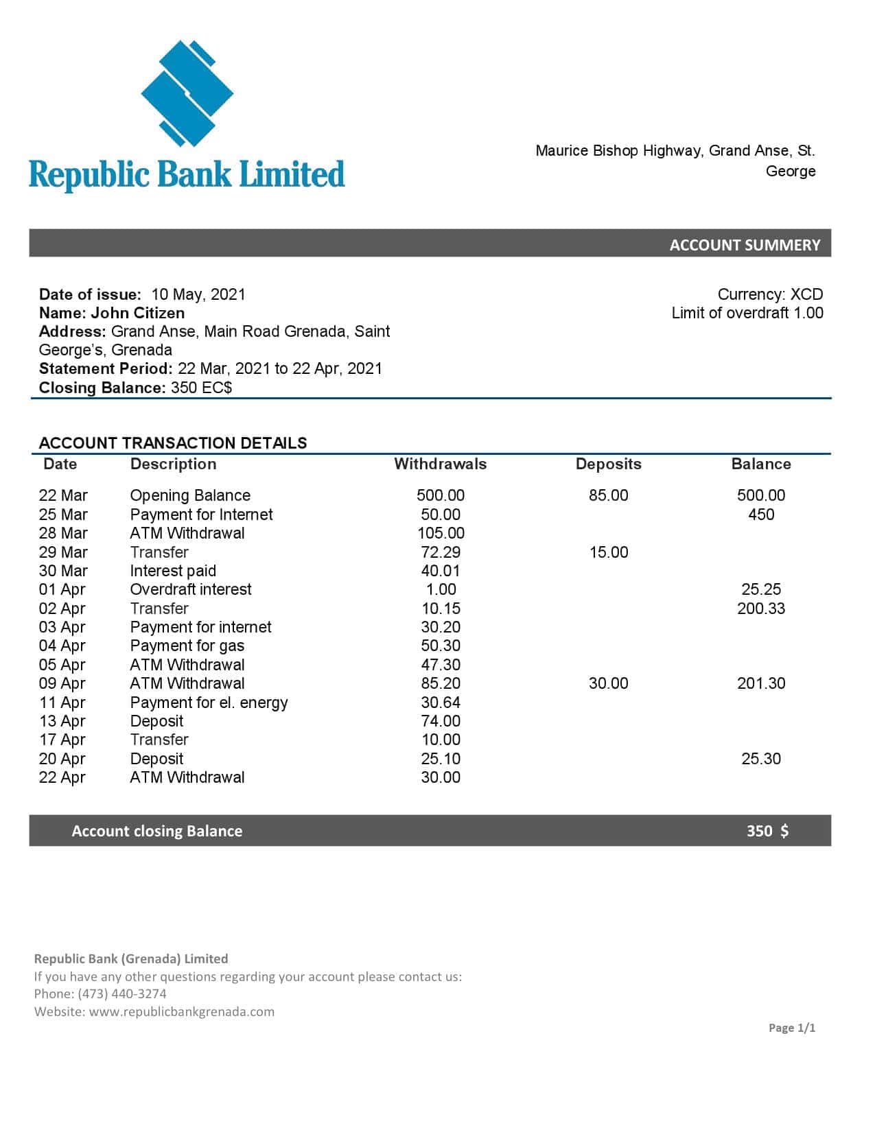 Grenada-Republic-bank-statement-template-in-Word-and-PDF-format.jpg Grenada Republic bank statement template in Word and PDF format