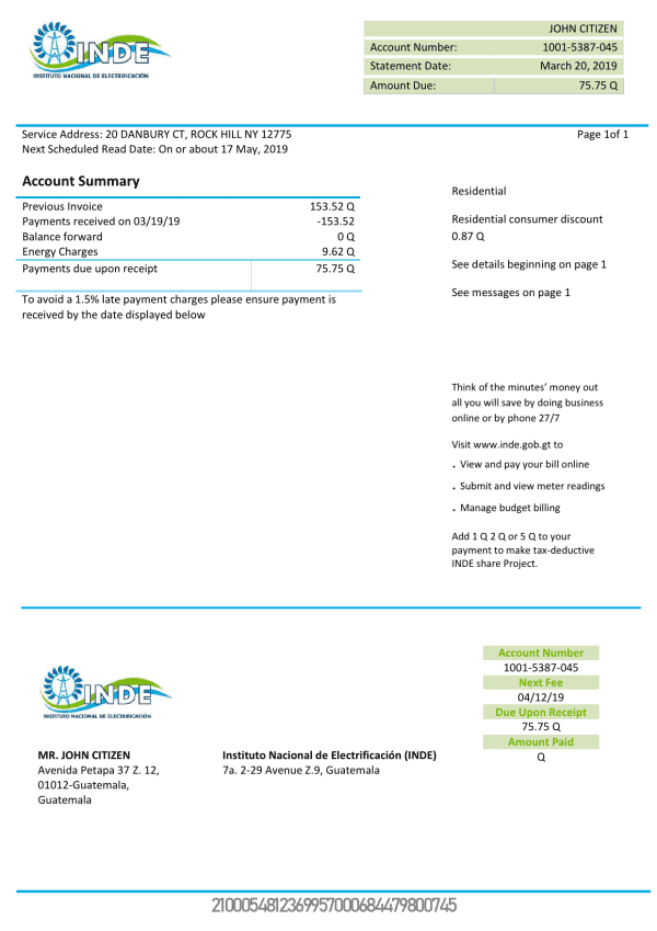 Guatemala INDE Instituto Nacional de Electrificación electricity utility bill template in Word and PDF format