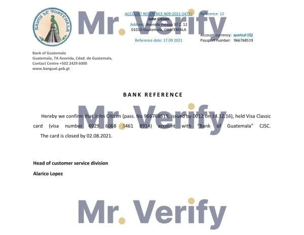 Guatemala Bank of Guatemala bank account closure reference letter template in Word and PDF format