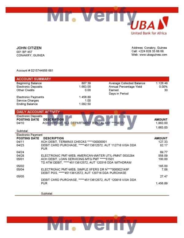Guinea-UBA-Bank.jpg Guinea UBA Bank statement template in Word and PDF format, good for address prove
