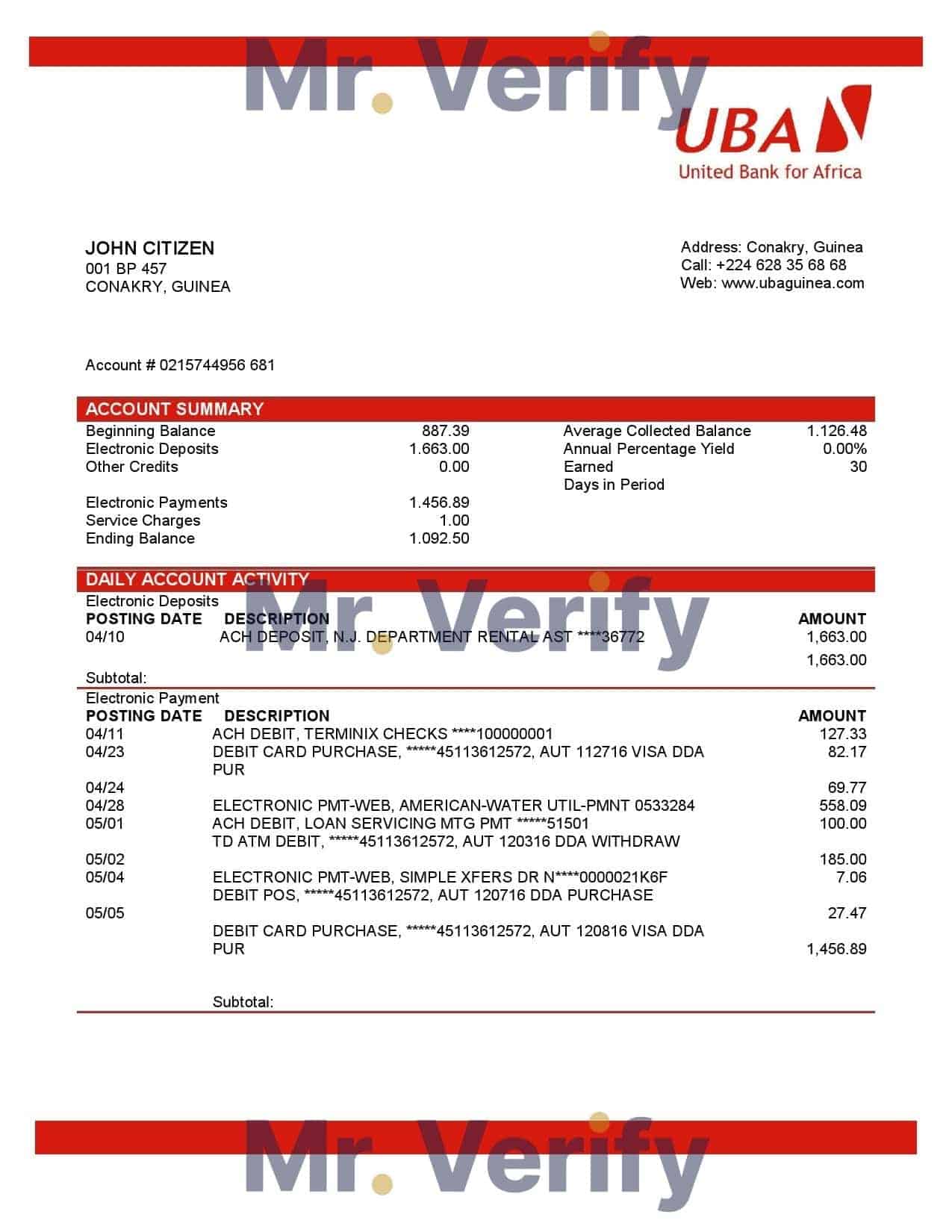 Guinea-UBA-Bank.jpg Guinea UBA Bank statement template in Word and PDF format, good for address prove