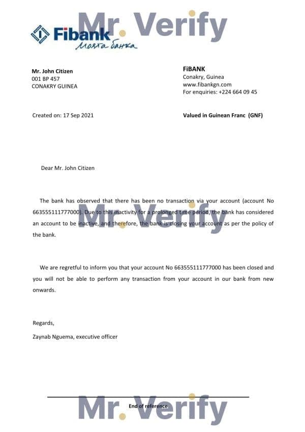 Guinea Fibank bank account closure reference letter template in Word and PDF format