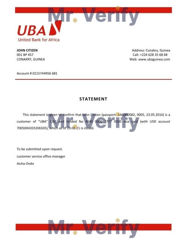Guinea UBA bank account closure reference letter template in Word and PDF format