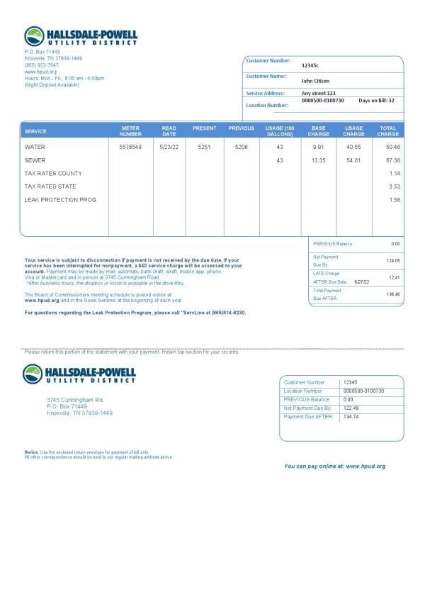 USA Hallsdale-Powell utility bill template in Word and PDF format