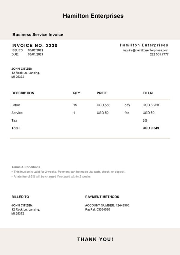 USA Hamilton Enterprises invoice template in Word and PDF format, fully editable