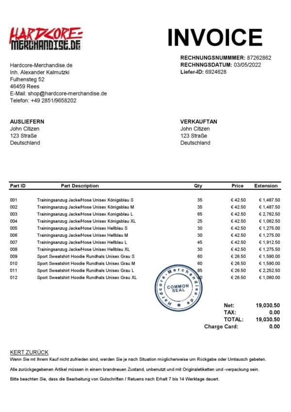 Germany Hardcore Merchandise invoice template in Excel and PDF format Germany Hardcore Merchandise invoice template in Excel and PDF format
