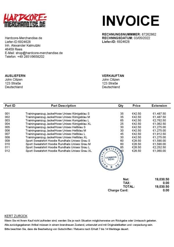 Germany Hardcore Merchandise invoice template in Word and PDF format Germany Hardcore Merchandise invoice template in Word and PDF format