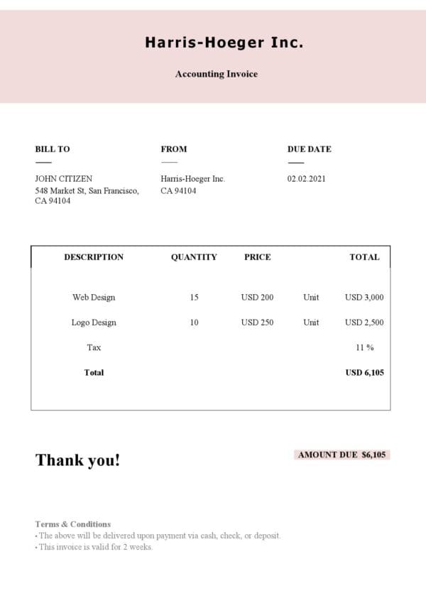 USA Harris-Hoeger Inc. invoice template in Word and PDF format, fully editable