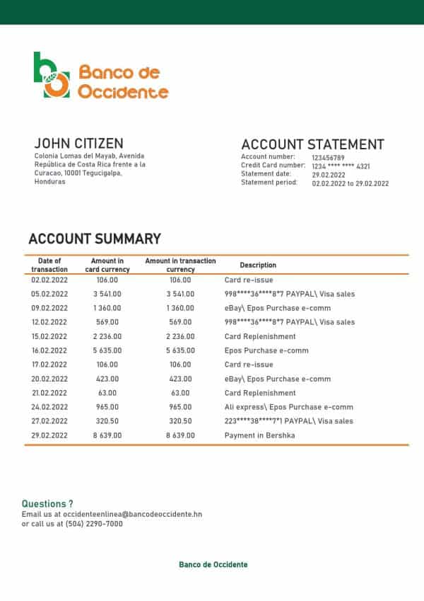 Honduras Banco de Occidente Bank statement template in Word and PDF format
