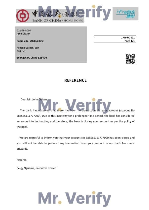 Hong Kong Bank of China bank account closure reference letter template in Word and PDF format