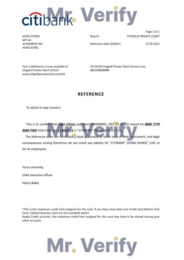 Hong Kong Citibank bank account closure reference letter template in Word and PDF format