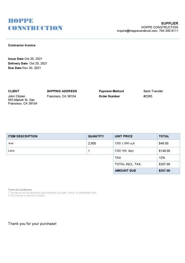 USA Hope Construction invoice template in Word and PDF format, fully editable