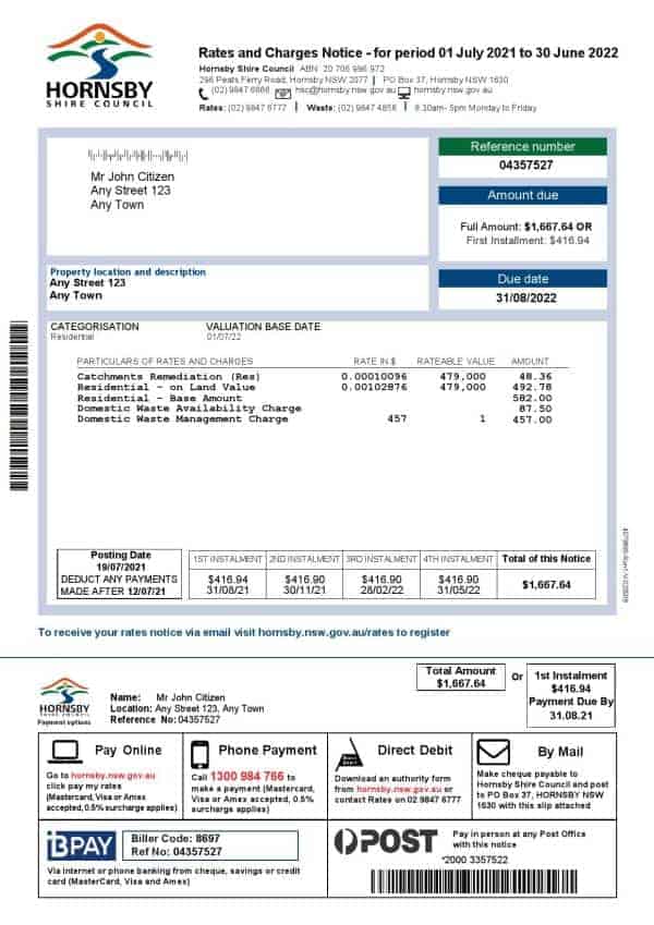Hornsby-Shire.jpg Australia NSW Hornsby Shire Council utility bill, Word and PDF template, 2 pages