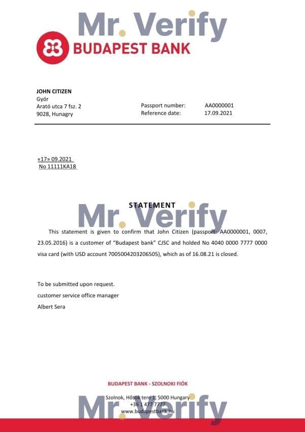 Hungary Budapest bank account closure reference letter template in Word and PDF format