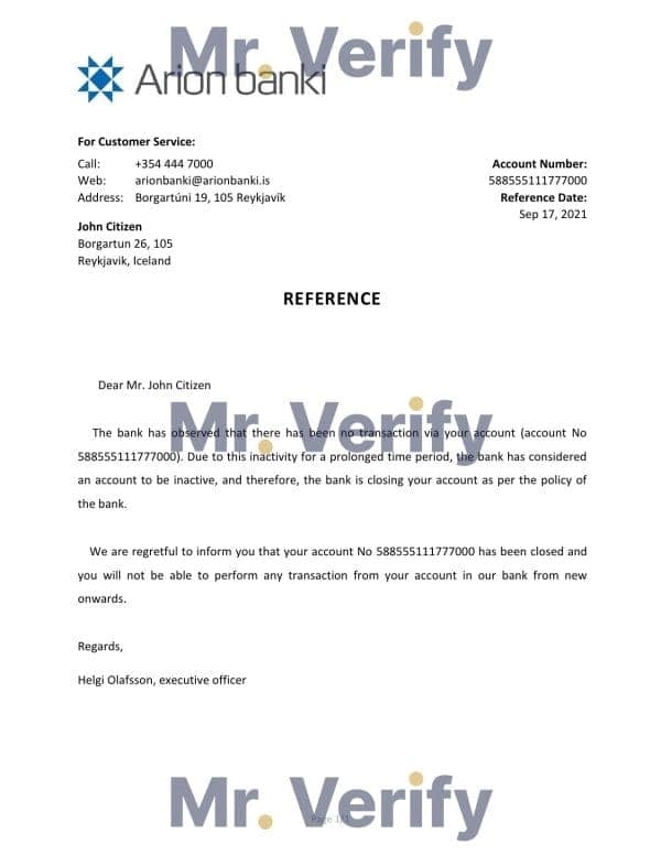 Iceland Arion bank account closure reference letter template in Word and PDF format Iceland Arion bank account closure reference letter template in Word and PDF format