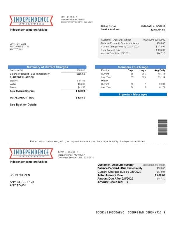 USA Missouri Independence Utilities utility bill template in Word and PDF format