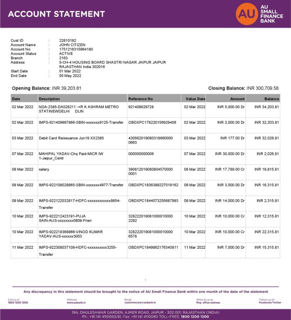 India-AU-Small-Finance-bank-statement-Word-and-PDF-template-5-pages-1.jpg India AU Small Finance bank statement, Word and PDF template, 5 pages