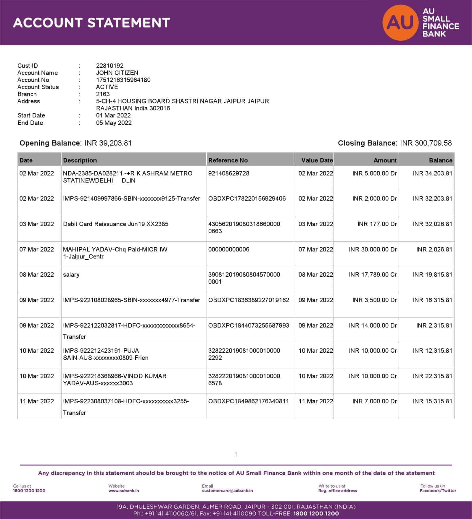 India-AU-Small-Finance-bank-statement-Word-and-PDF-template-5-pages-1.jpg India AU Small Finance bank statement, Word and PDF template, 5 pages