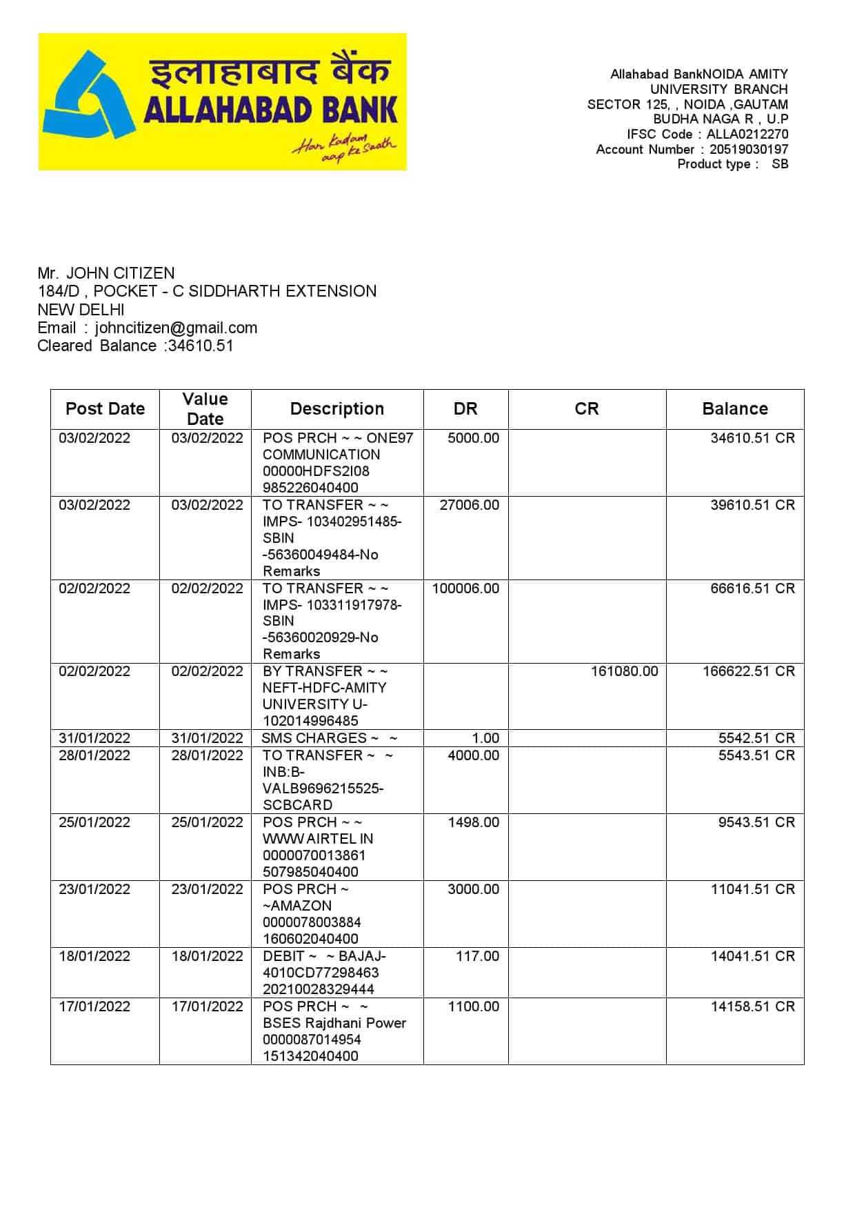 India-Allahabad-Bank-statement-Word-and-PDF-template-2-pages-1.jpg India Allahabad Bank statement, Word and PDF template, 2 pages