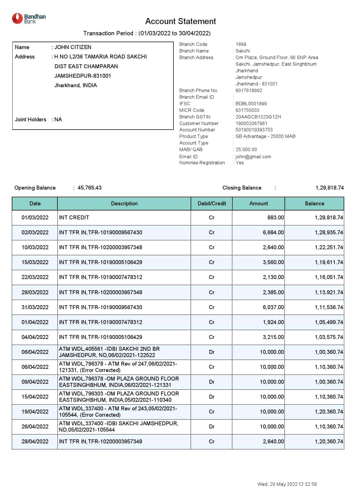 India-Bandhan-bank-statement_000001.jpg India Bandhan bank statement, Word and PDF template, 2 pages