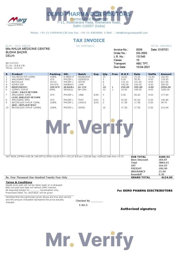 India Demo Pharma Distributor medicine consultancy services invoice template in Word and PDF format, fully editable India Demo Pharma Distributor medicine consultancy services invoice template in Word and PDF format, fully editable