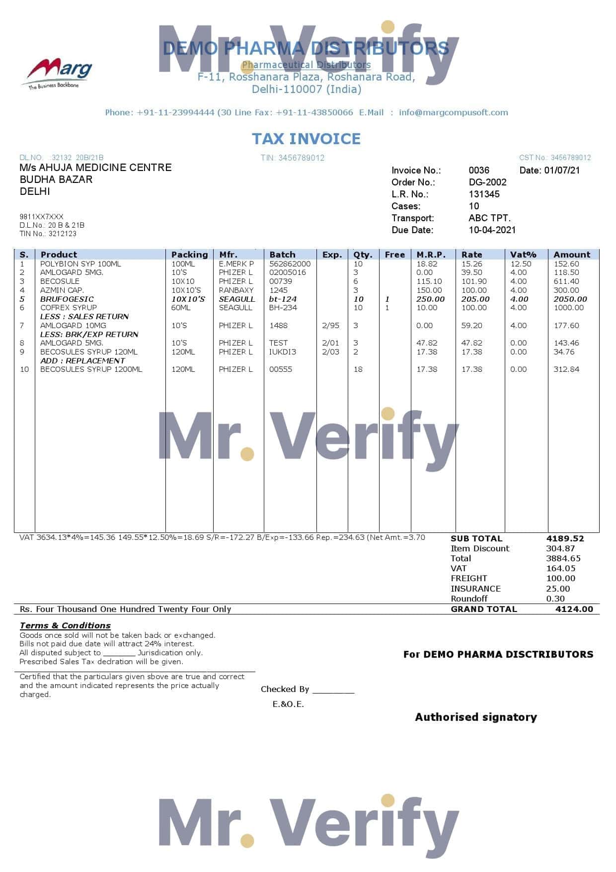 India Demo Pharma Distributor medicine consultancy services invoice template in Word and PDF format, fully editable India Demo Pharma Distributor medicine consultancy services invoice template in Word and PDF format, fully editable