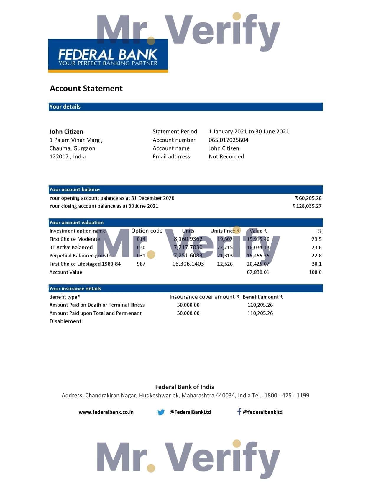 India-Federal-Bank.jpg India Federal Bank proof of address statement template in Word and PDF format, .doc and .pdf format
