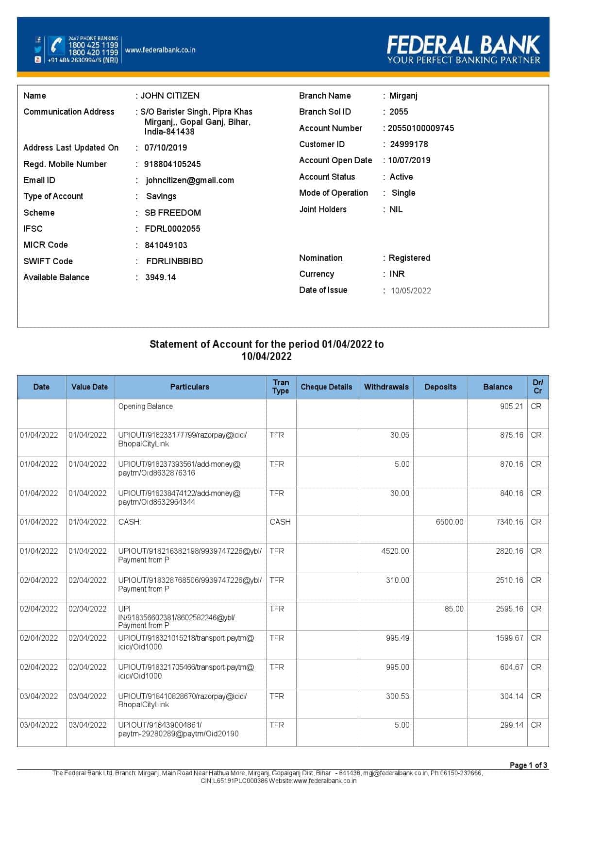 India-Federal-bank-account-statement-Word-and-PDF-template-3-pages-1.jpg India Federal bank account statement, Word and PDF template, 3 pages