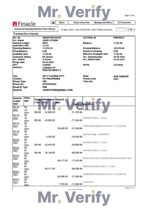 India Finacle bank statement in Excel and PDF format (2 pages)