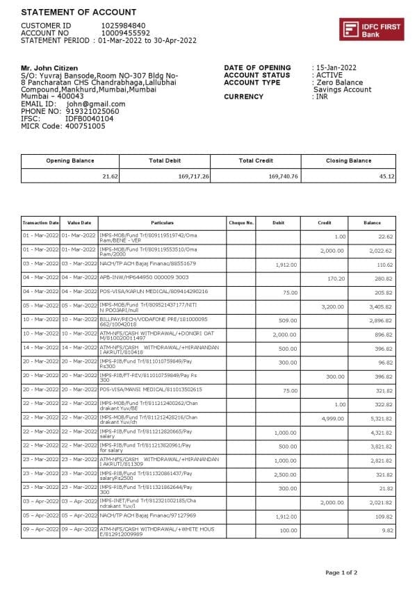 India-IDFC-First-bank-statement-Word-and-PDF-template-2-pages-1.jpg India IDFC First bank statement Word and PDF template, 2 pages