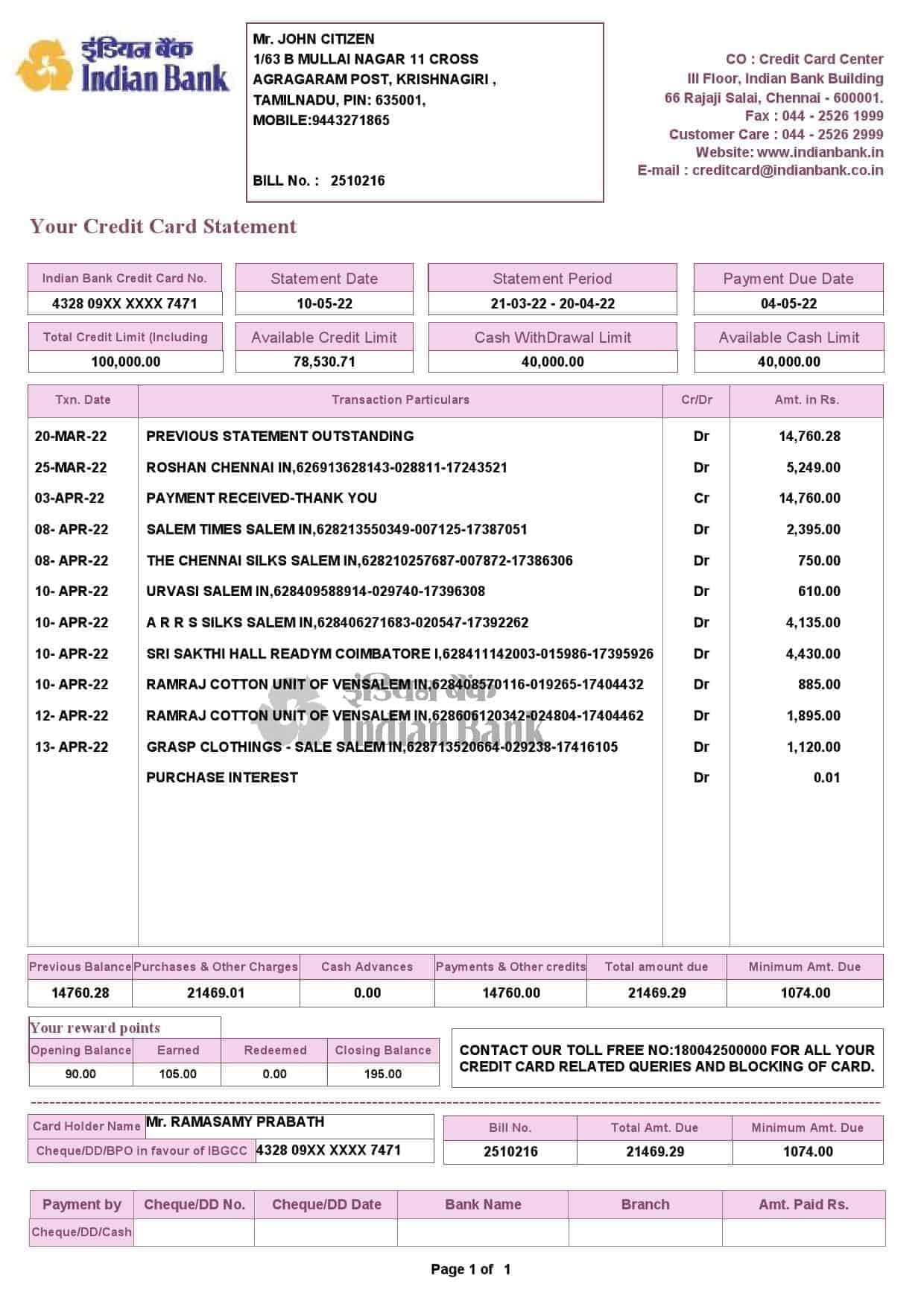 India-Indian-bank-credit-card-statement-Word-and-PDF-template-2-pages-1.jpg India Indian bank credit card statement, Word and PDF template, 2 pages