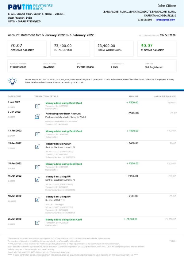 India-Paytm-Payments-bank-statement-Word-and-PDF-template-2-pages-1.jpg India Paytm Payments bank statement Word and PDF template, 2 pages