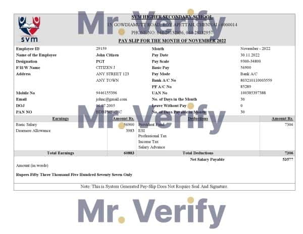 India SVM HIGHER SECONDARY SCHOOL educational company pay stub Word and PDF template