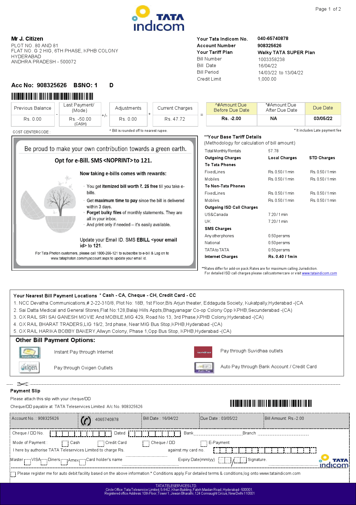 India-Tata-Indicom-mobile-utility-bill-2.png India Tata Indicom mobile utility bill template in Word and PDF format, 2 pages