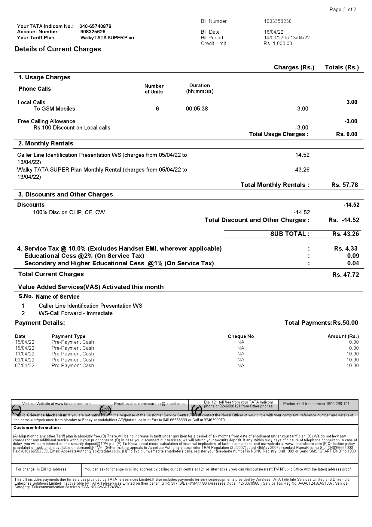 India-Tata-Indicom-mobile-utility-bill2.png India Tata Indicom mobile utility bill template in Word and PDF format, 2 pages - Image 2