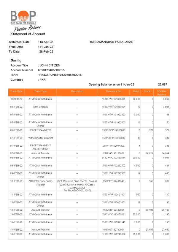 India-The-Bank-of-Punjab-BOP-account-statement-Word-and-PDF-template-3-pages-1.jpg India The Bank of Punjab (BOP) account statement Word and PDF template, 3 pages