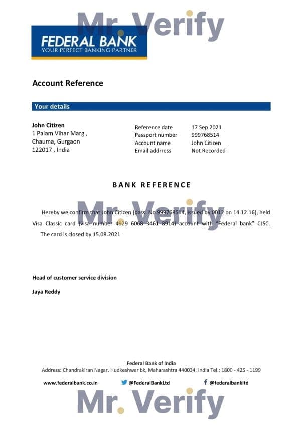 India Federal bank account closure reference letter template in Word and PDF format India Federal bank account closure reference letter template in Word and PDF format