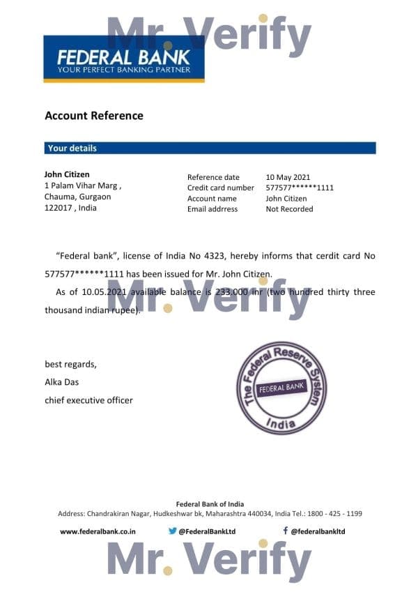 India Federal bank reference letter template in Word and PDF format India Federal bank reference letter template in Word and PDF format